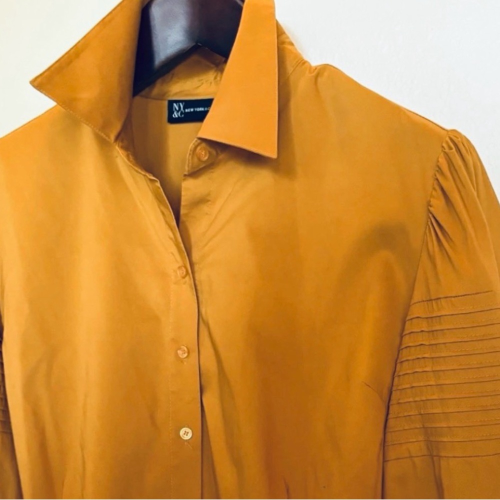 Pleated Balloon Sleeve Button Down Blouse in Yellow Gold by NY&C XXL (18/20 2X)